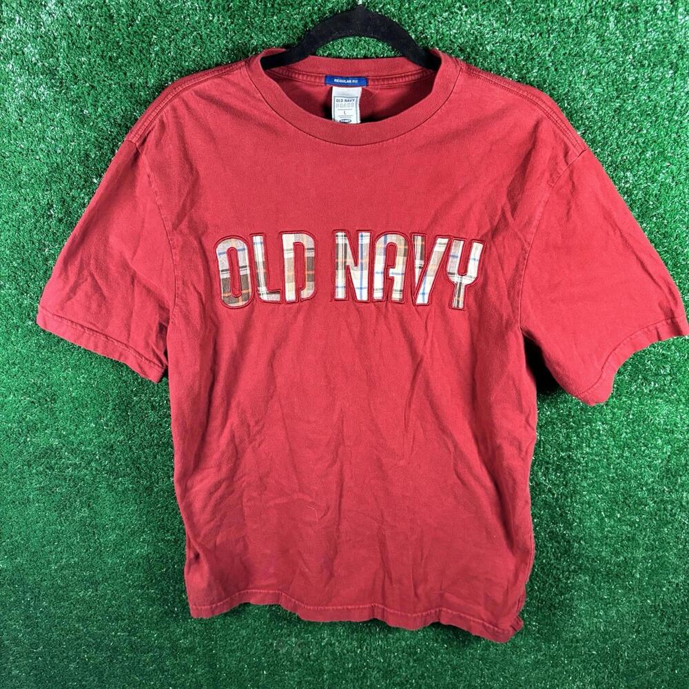 OLD NAVY  Vintage Graphic Plaid Red Short Sleeve  T- Shirt Size Lg Y2K